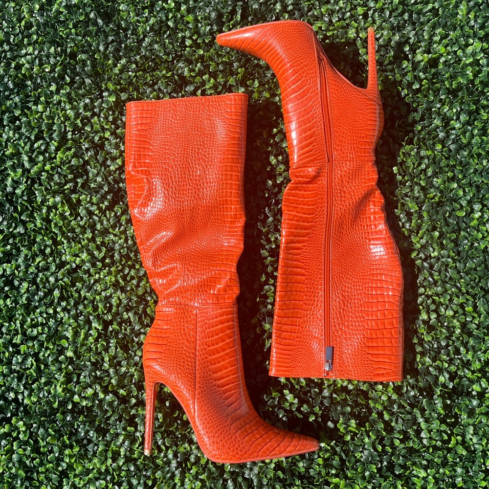 Elegant Orange Croc-Embossed Knee-High Boots